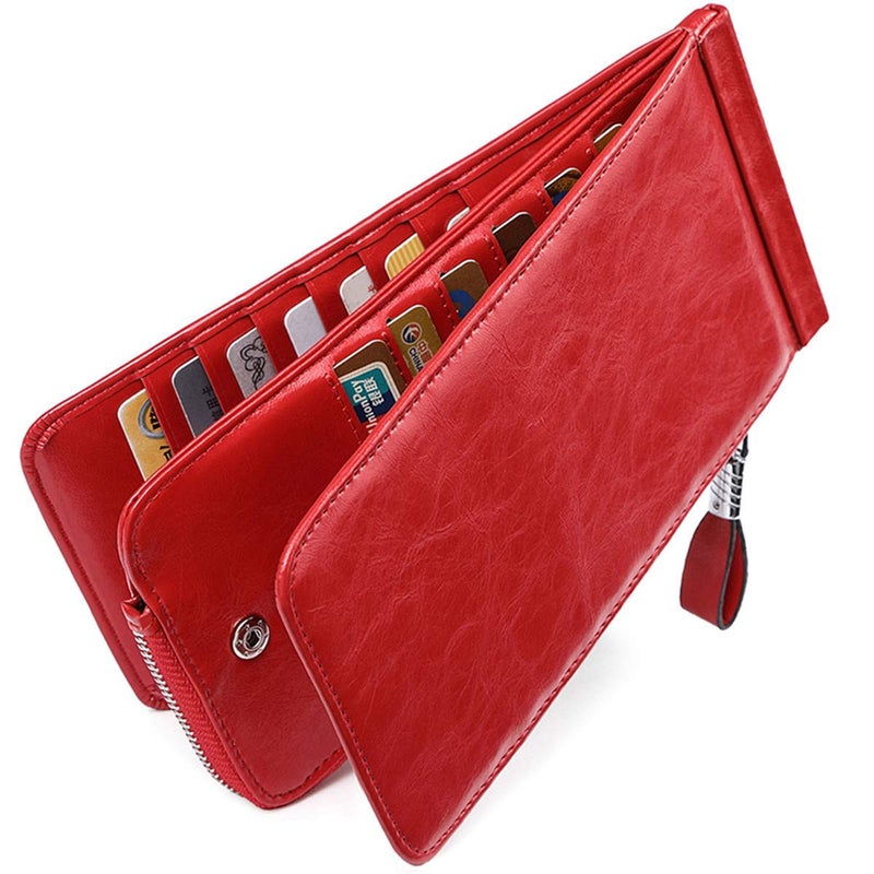 Huztencor Women's Credit Card Holder RFID Blocking Oil Wax Leather Multi Card Organizer Wallet Slim Long Zipper Bi-fold Business Card Case Clutch Wallet with ID Window Red (FBA) - Image 1